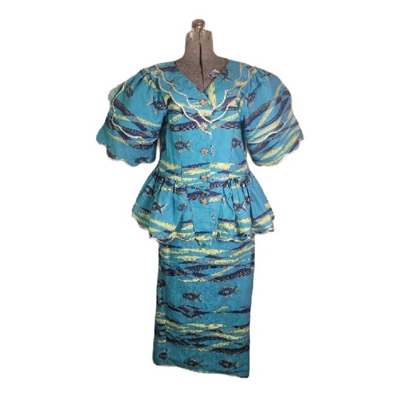 Handmade Dresses & Skirts - Vintage 50s 60s‎ Tropical Fish Print Set Skirt Blouse Jacket Blue Funky Volup XL